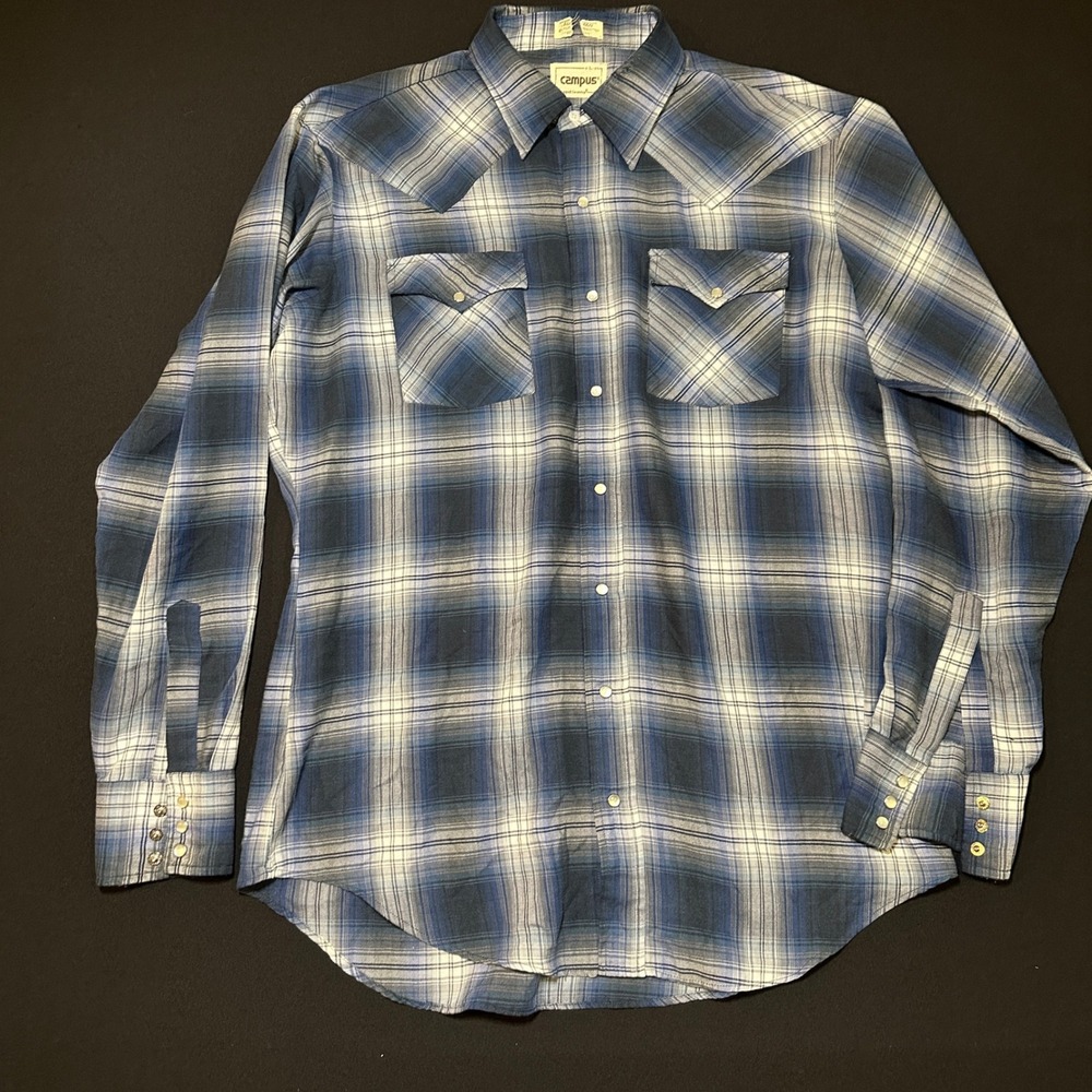 Vtg Campus Rugged Country Western Shirt Mens L Tall Blue Plaid Pearl Snap Cotton